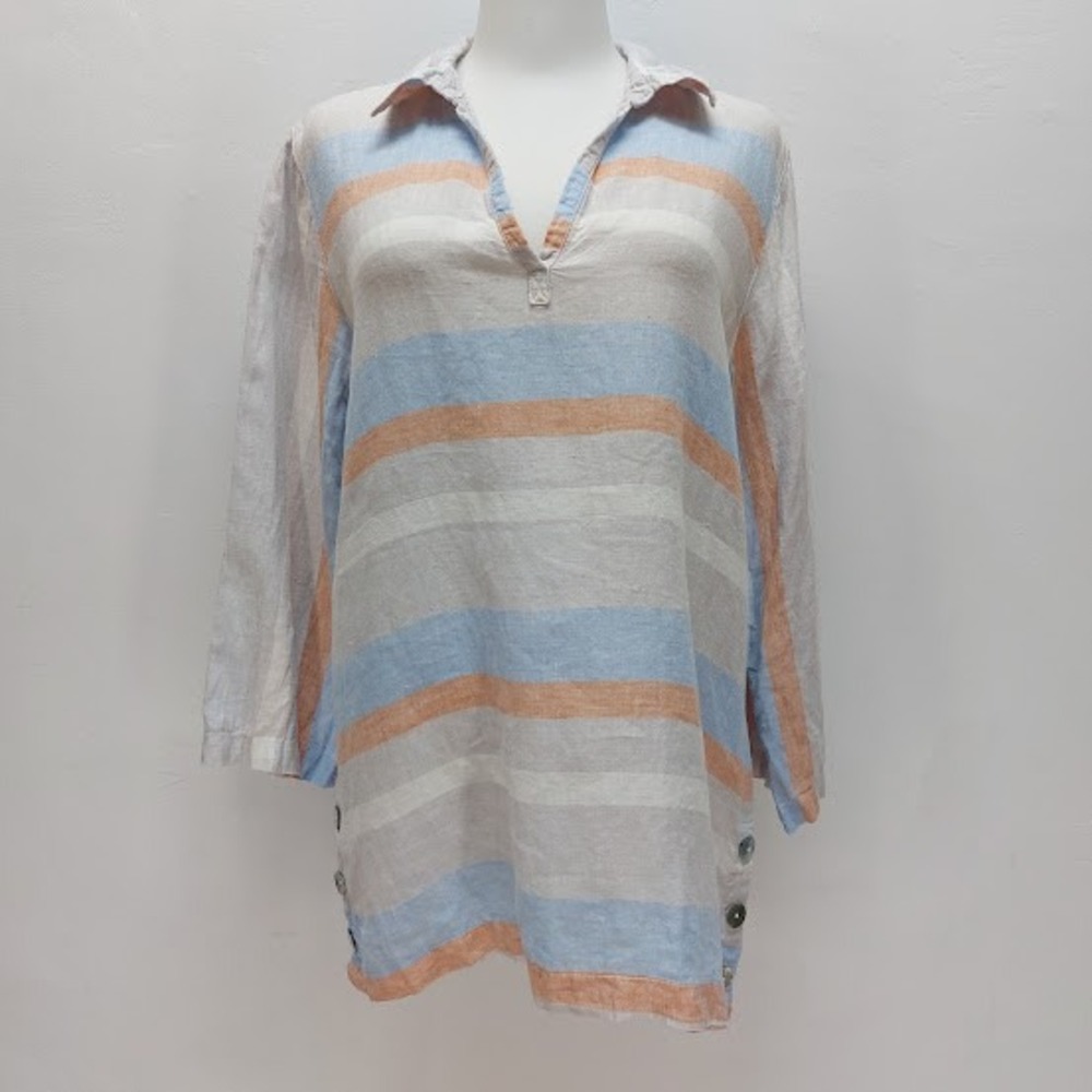 Cynthia Rowley Linen Tunic Women's Small Striped Blue Split Neck Top Costal